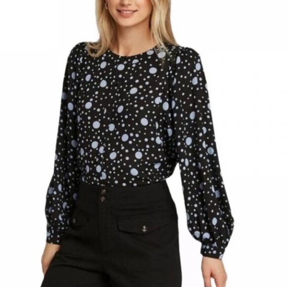 Who What Wear Tops - Who What Wear Shirt Blouse Long Sleeve Ruffle Black Gray Polka Dot Sheer Balloon